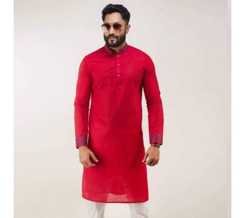 Maroon Red with Pink Collar Cotton Semi Long Panjabi