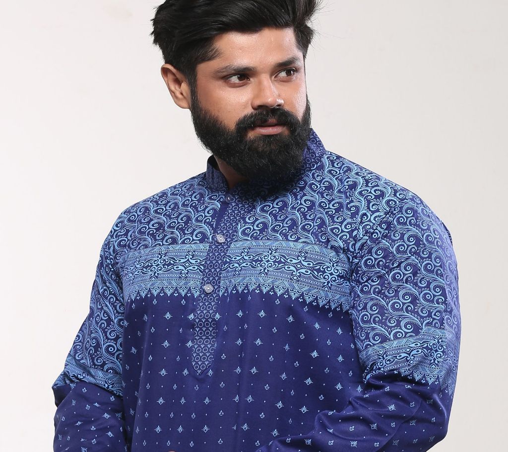 Mens Cotton Punjabi - Naby Blue Block Print