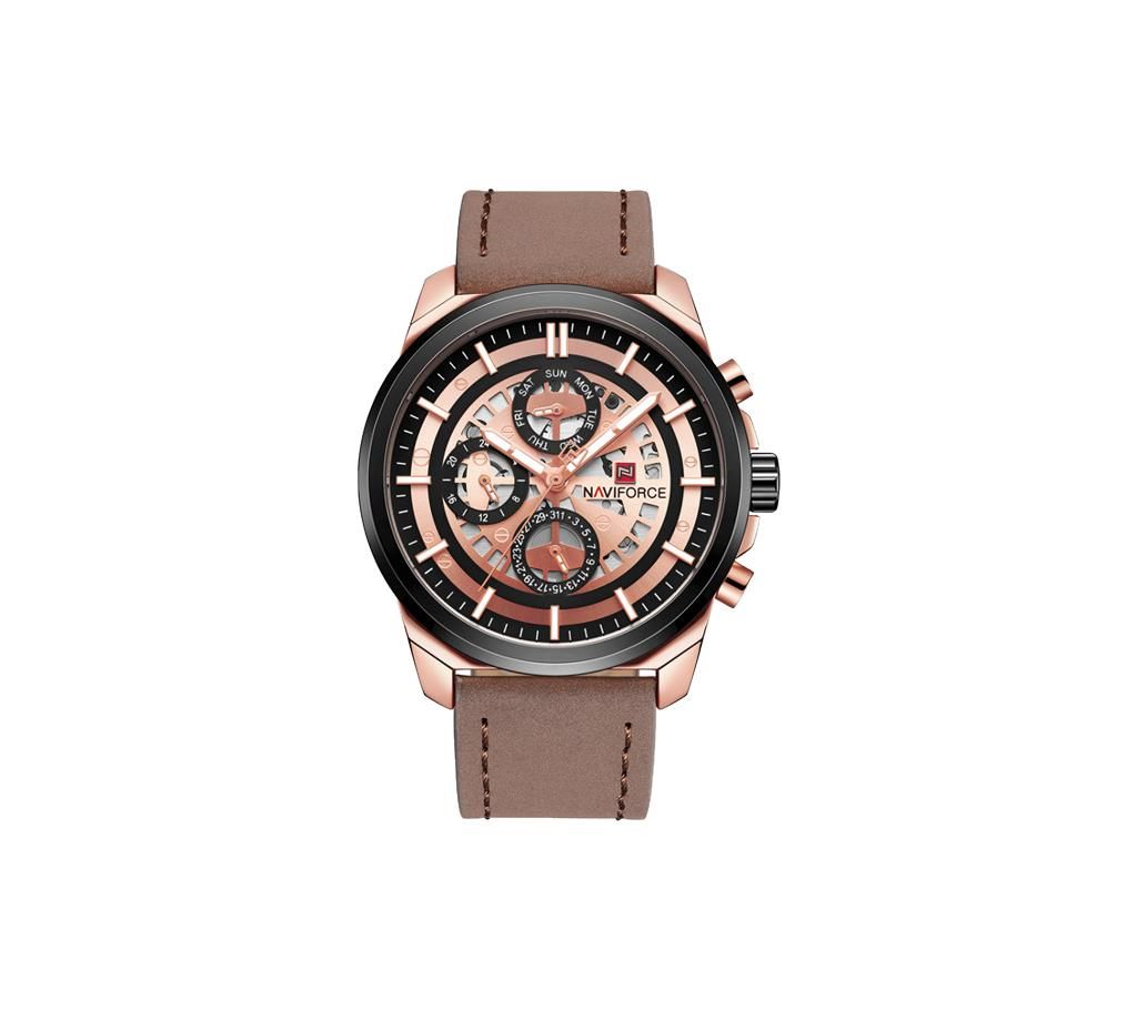 NAVIFORCE NF9129 Dark Brown PU Leather Chronograph Watch For Men - Dark Brown & Golden