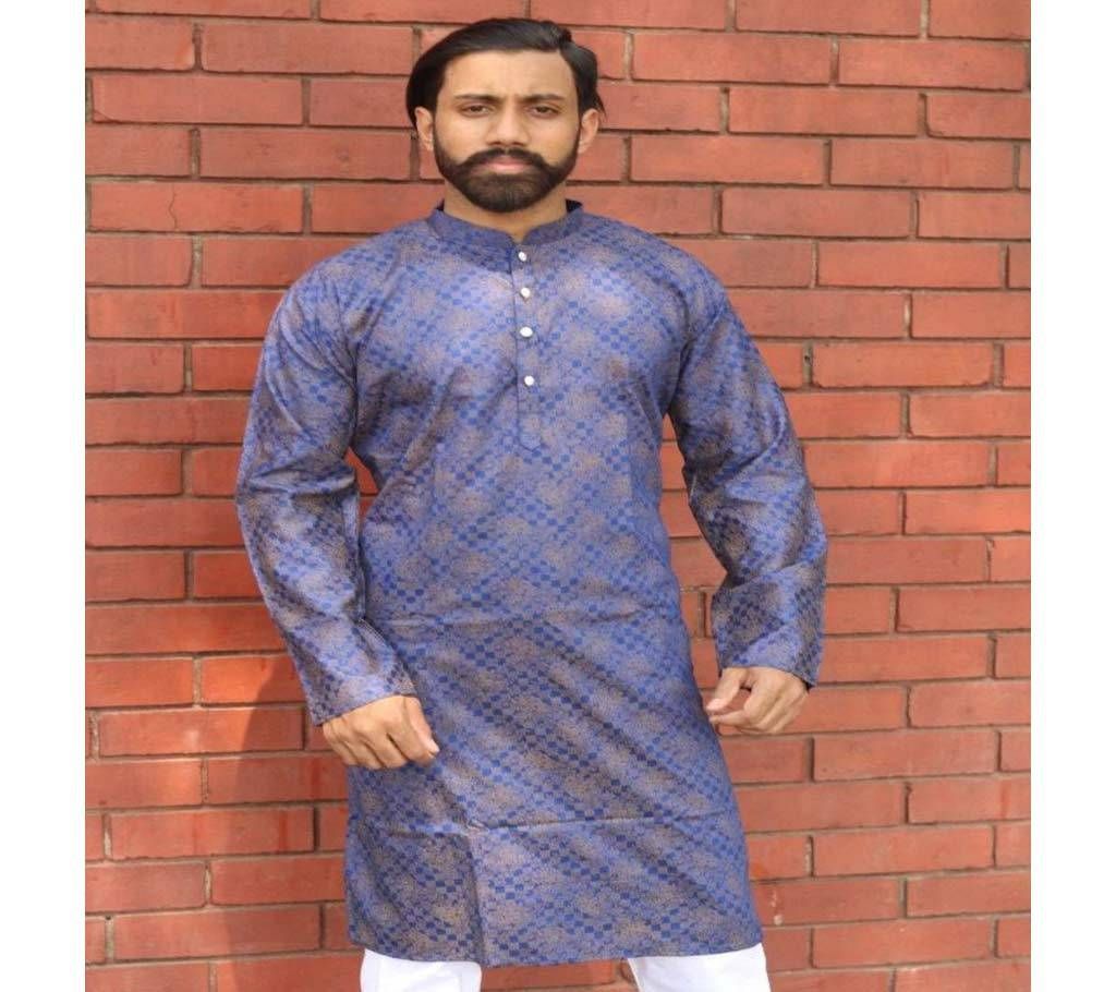 Menz Semi Long Panjabi  - Blue Color With Gold Color Flower Print - 190220
