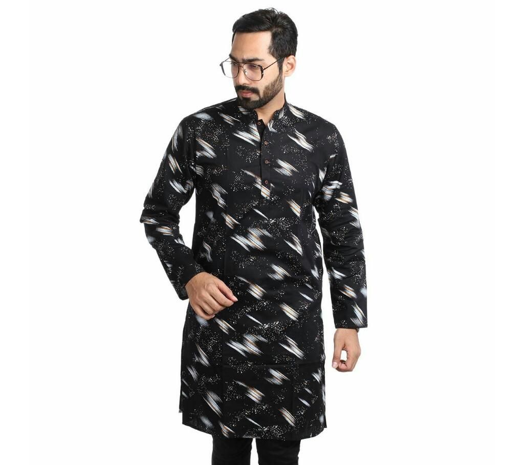 China Cotton Panjabi For Man  Black with White and Red Brush Print