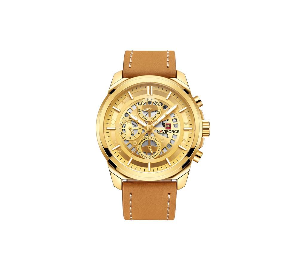 NAVIFORCE NF9129 Brown PU Leather Chronograph Watch For Men - Brown & Golden