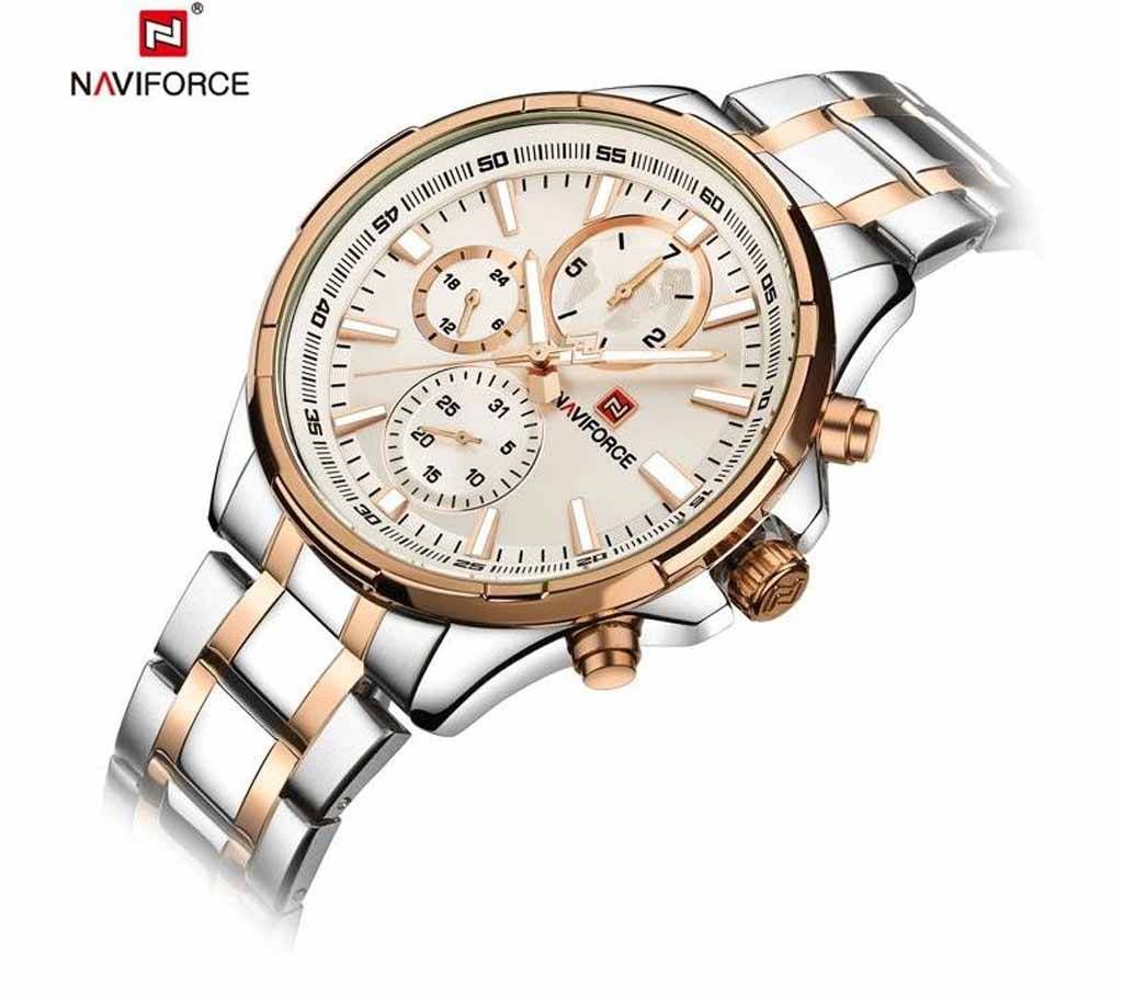 NF 9089 NAVIFORCE High Quality Day/Date Quartz Stainless Steel Back Watch Stainless Steel Chronograph Watch For Men - White Gold-Copy