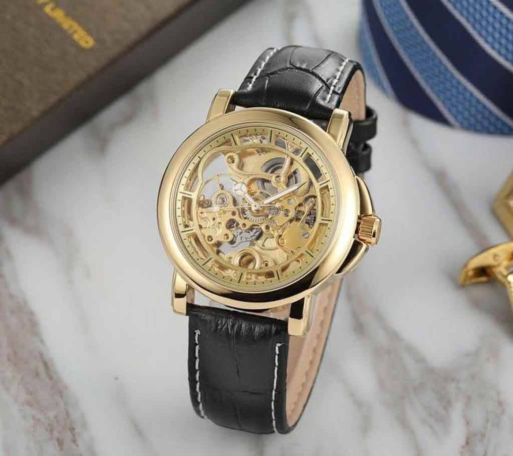 Mechanical Analog Skeleton And Gold Dial Men's Watch - Black - SKA