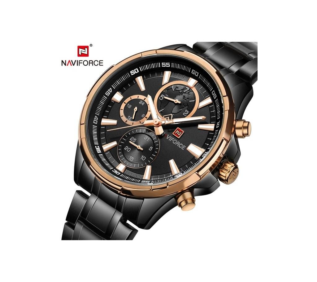 NAVIFORCE NF9089 STAINLESS STEEL DUAL TIME WRIST WATCH FOR MEN - BLACK & COPPER