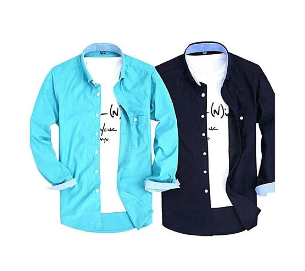 Pack of 2 Sky blue and Navy Blue Cotton Long Sleeve Shirt for Men