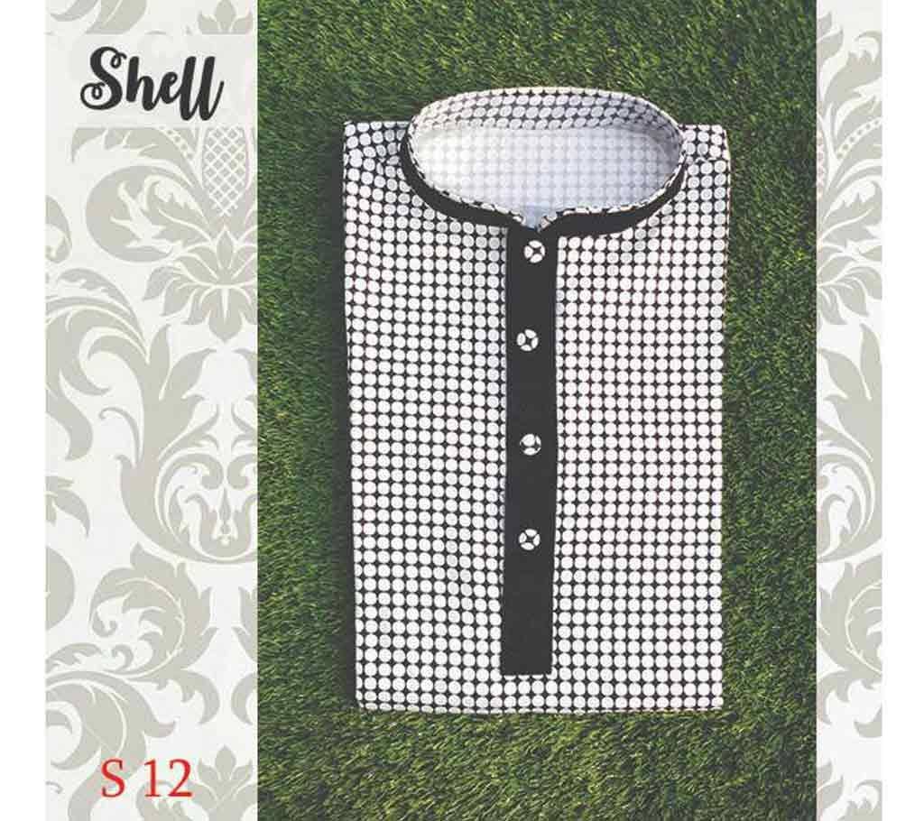 Black and White Cotton Semi Long  Panjabi For Men