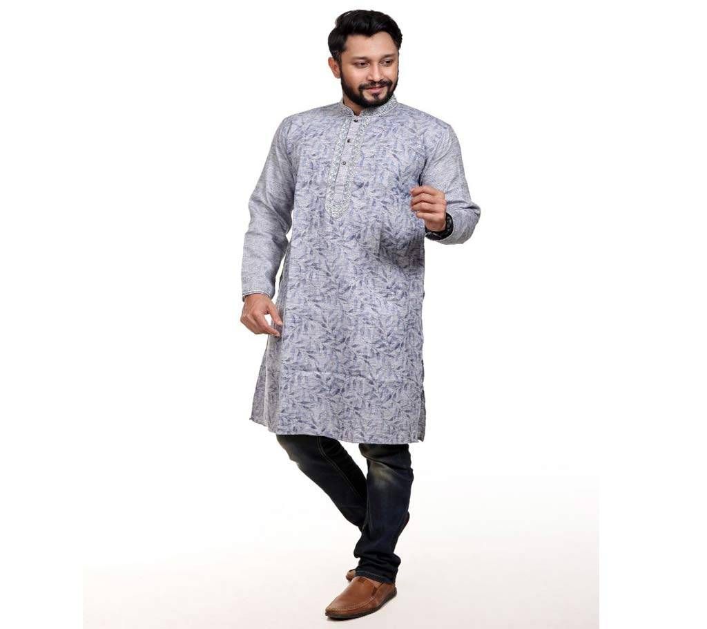 Indian Cotton Panjabi For EID - Grey With Navy Blue Leaf Design