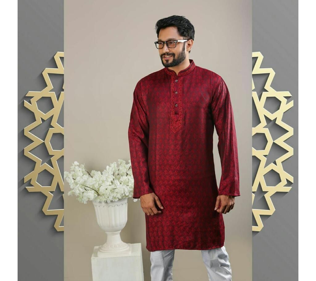 Men's Semi Long Panjabi Red Maroon with Full Body Design and Design in Neck