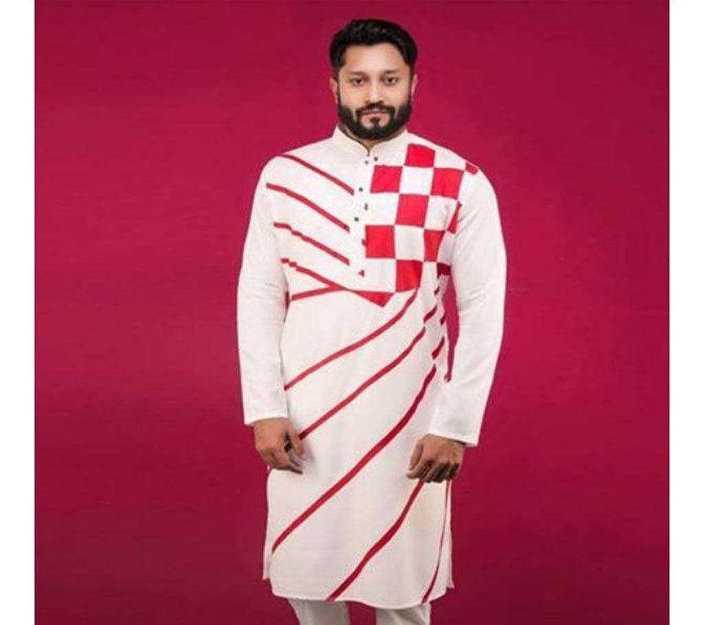 Off White with Red Box Design Cotton Semi Long Panjabi