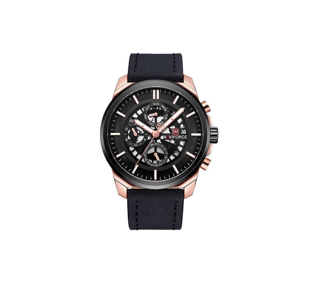 NAVIFORCE NF9129 Black PU Leather Chronograph Watch For Men - Black & RoseGold