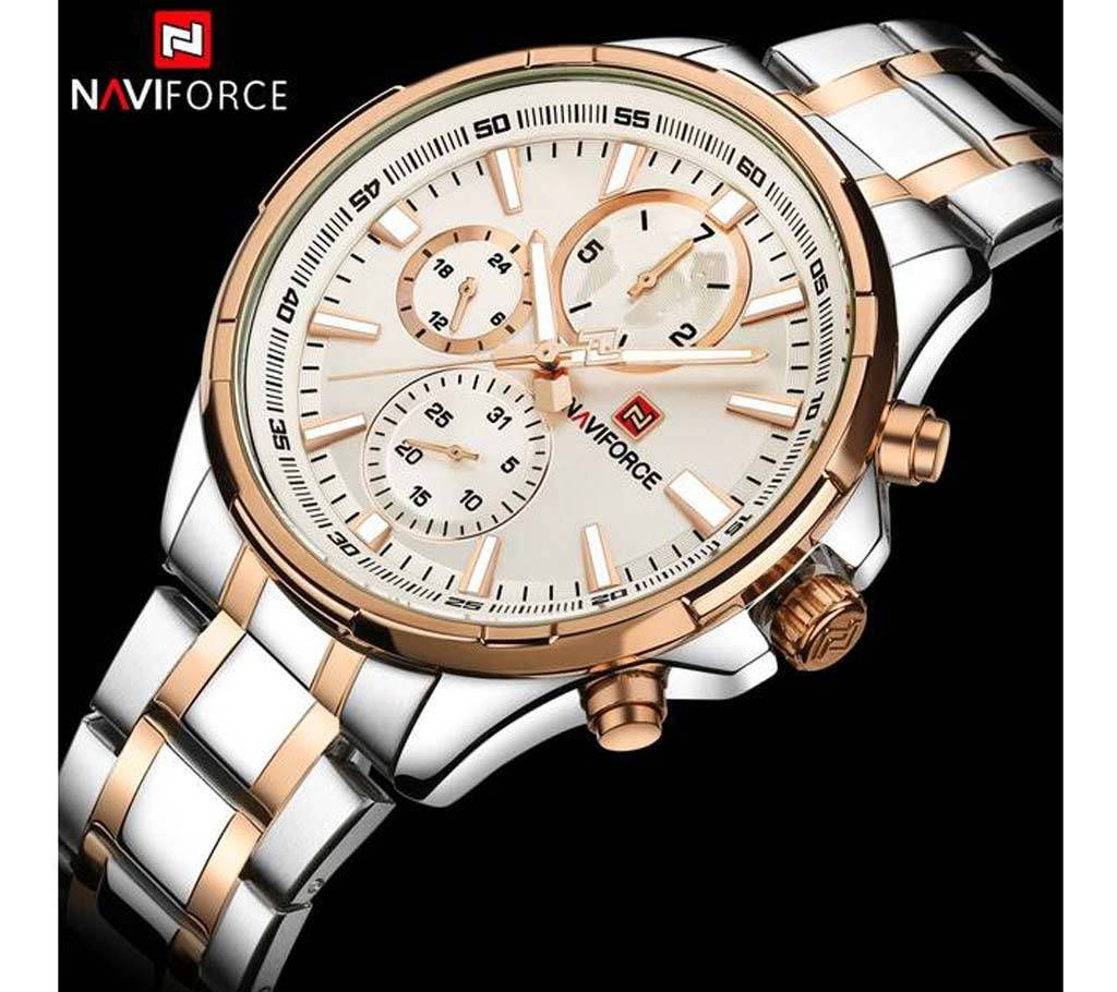 NAVIFORCE NF9089 STAINLESS STEEL DUAL TIME WRIST WATCH FOR MEN - SILVER & COPPER