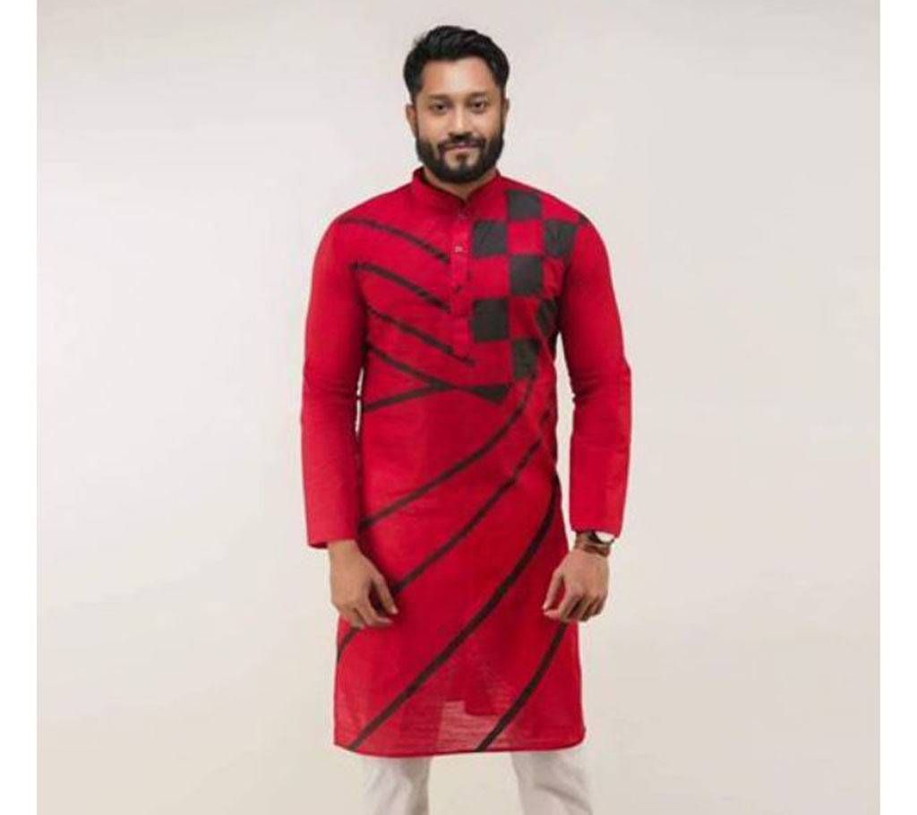 Maroon Red with Black Box Design Cotton Semi Long Panjabi