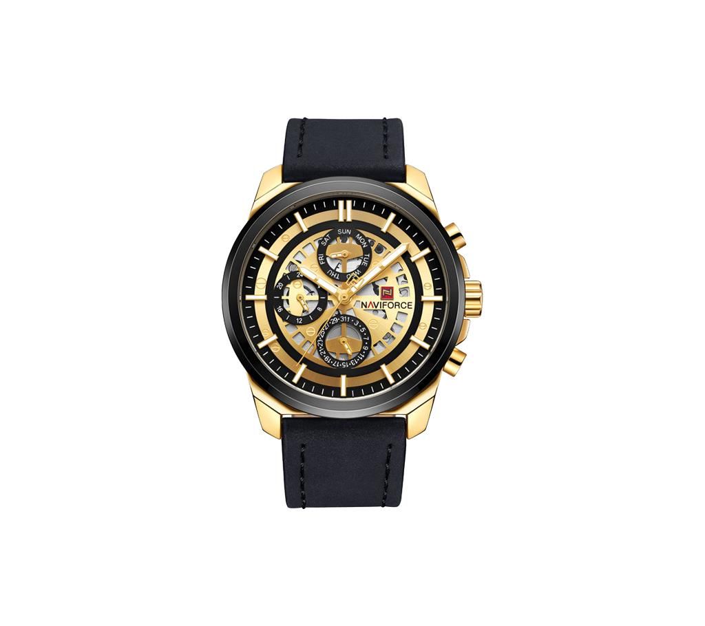 NAVIFORCE NF9129 Black PU Leather Chronograph Watch For Men - Black & Golden