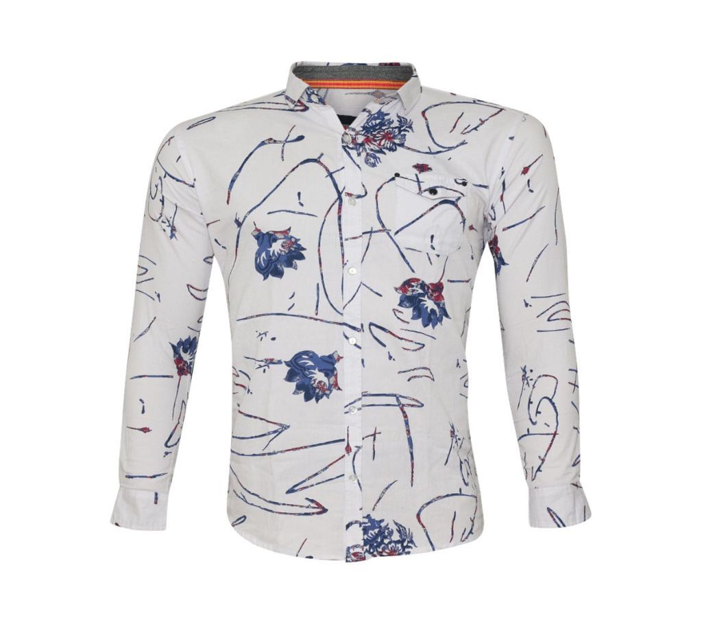 Cotton Printed long sleeve Shirt for Men - White
