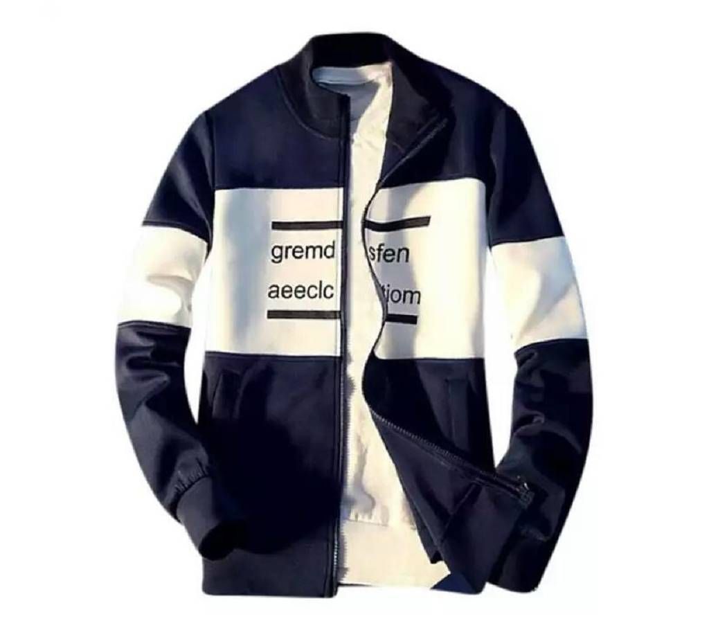 White and Navy Blue Cotton Long Sleeve Casual Jacket For Men