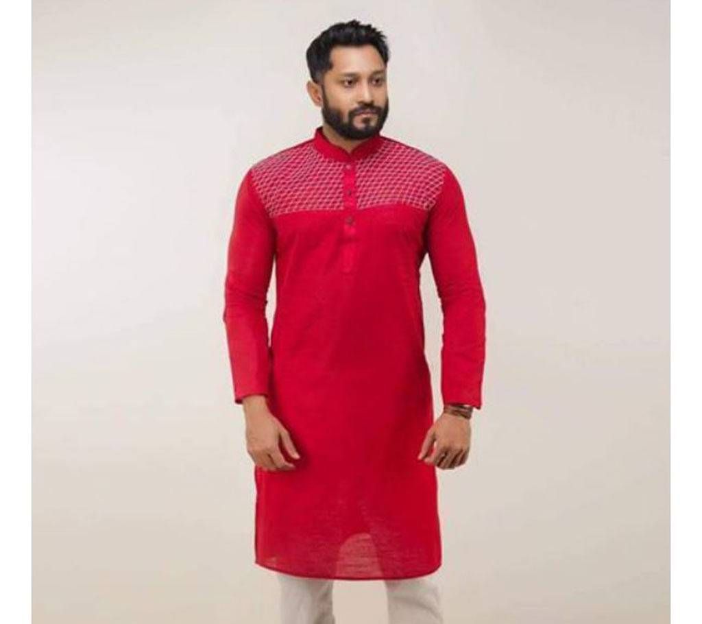 Maroon Red with White Net Design Cotton Semi Long Panjabi