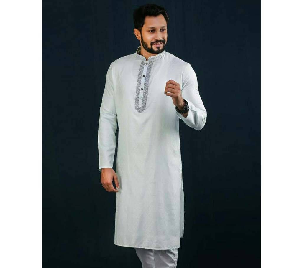 Men's semi long Cotton Punjabi (Powder Blue Ash With Design)