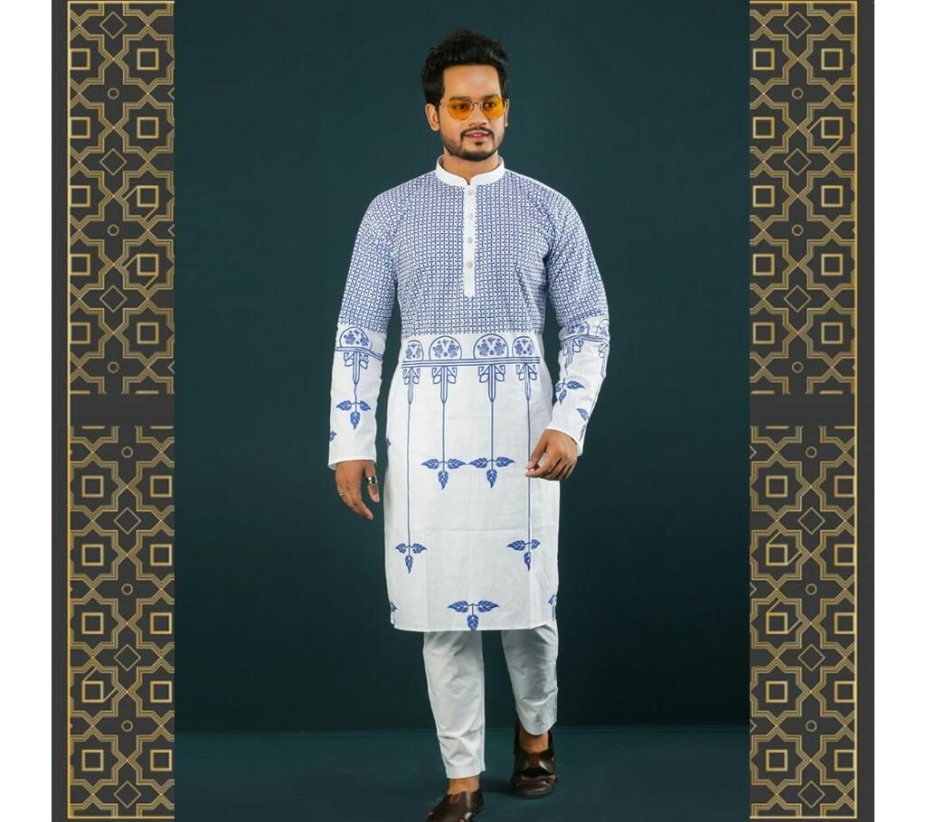 Eid Stylish Semi Long Panjabi White With Blue Leaf Design Color
