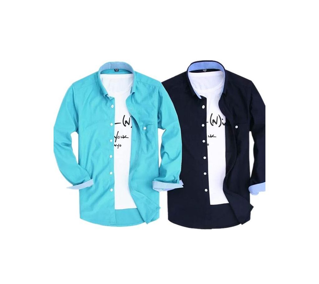 Combo Pack Of Sky Blue and Dark Blue Cotton Casual Long Sleeve Shirt For Men