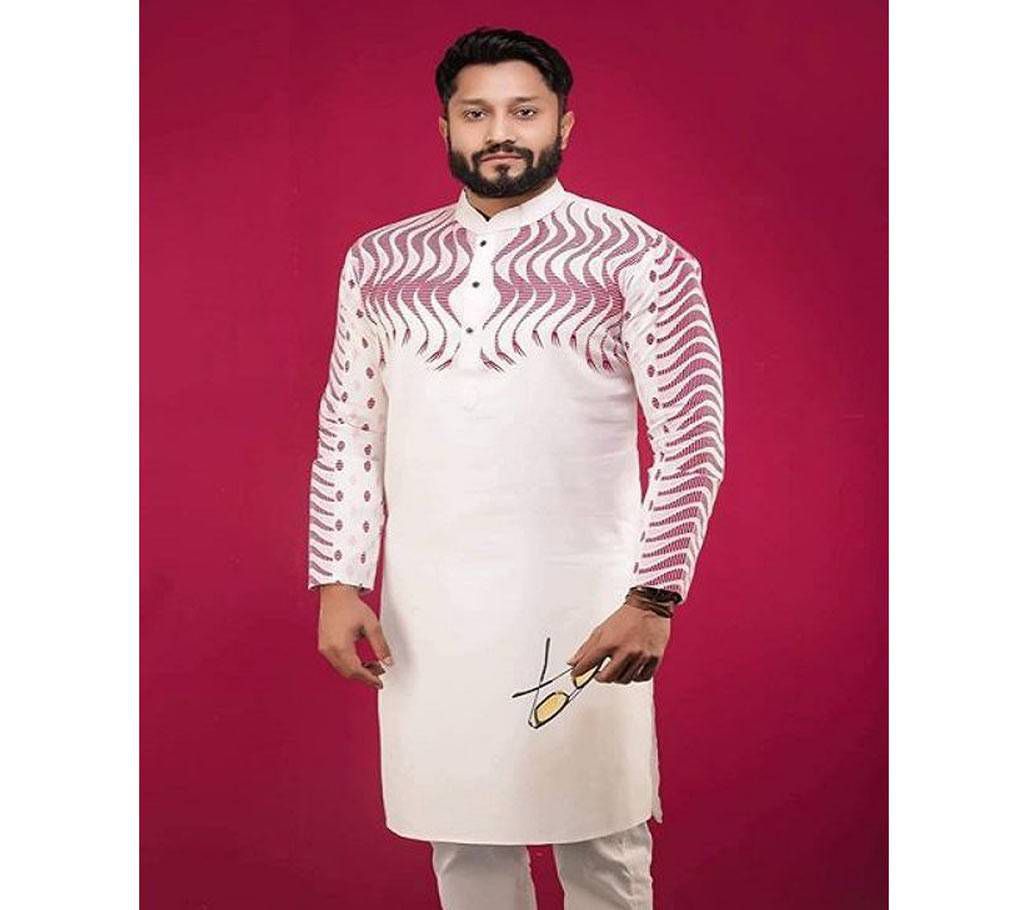 Off White with Pink Net Wave Design around Shoulder Cotton Panjabi