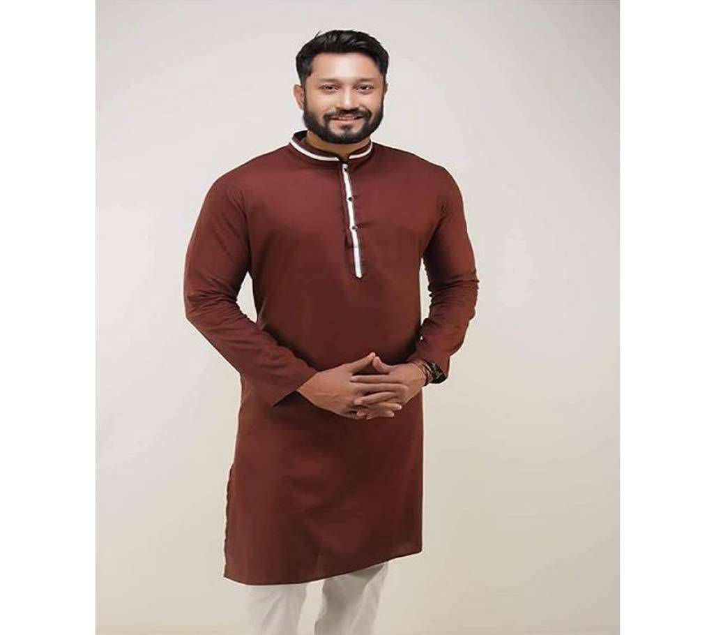 Brown with Brown and White Mix Collar Cotton Panjabi  