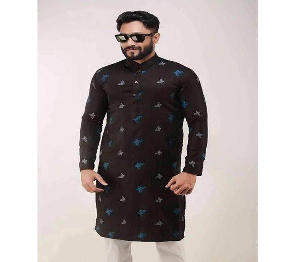 Black with Ash and Blue Butterfly Print Design Cotton Panjabi  