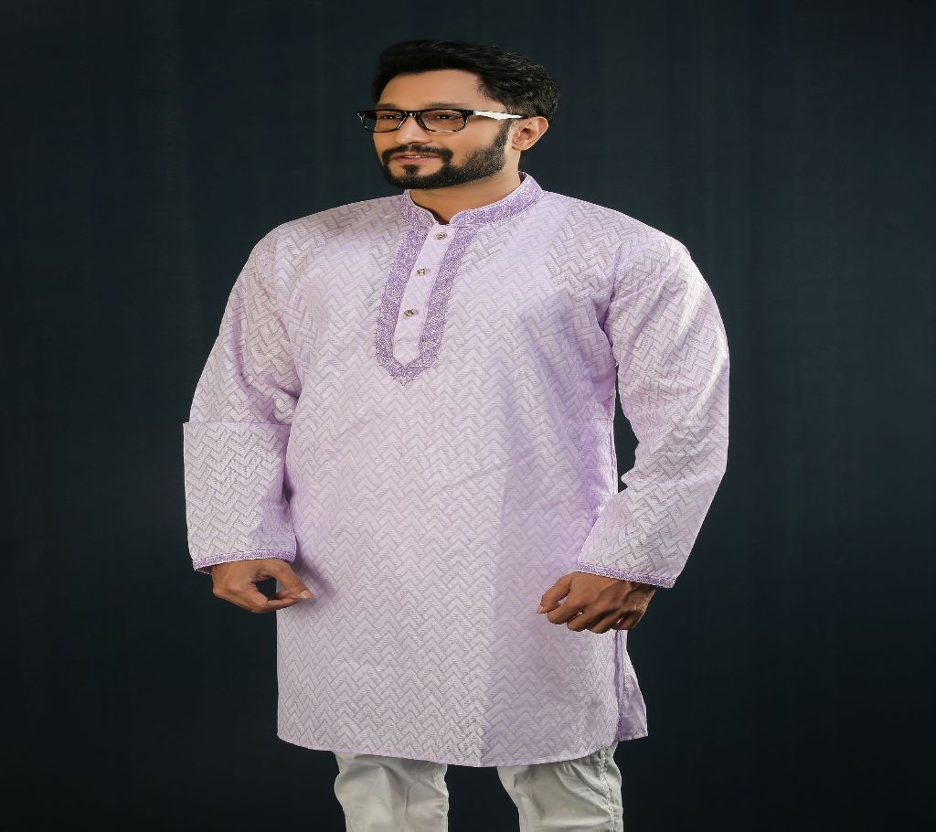 Eid Stylish Semi Long Panjabi - Purple with Zikzak Print and Neck Embroidery - 240