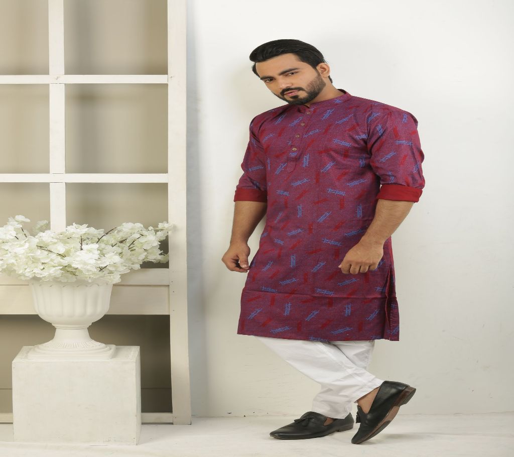 Cotton Punjabi - Maroon and Blue shade with Ladder Design - 191126