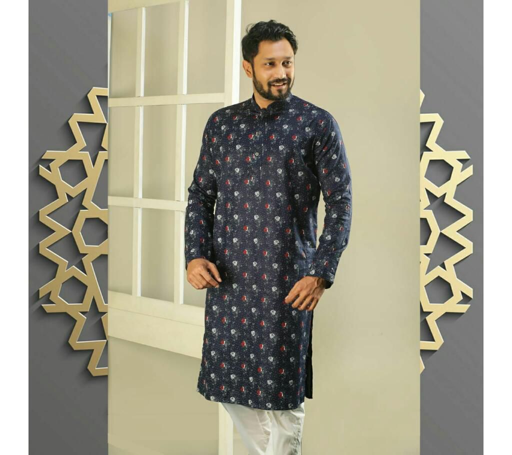 Men's semi long Cotton Punjabi (Black with Red Heart Shape)