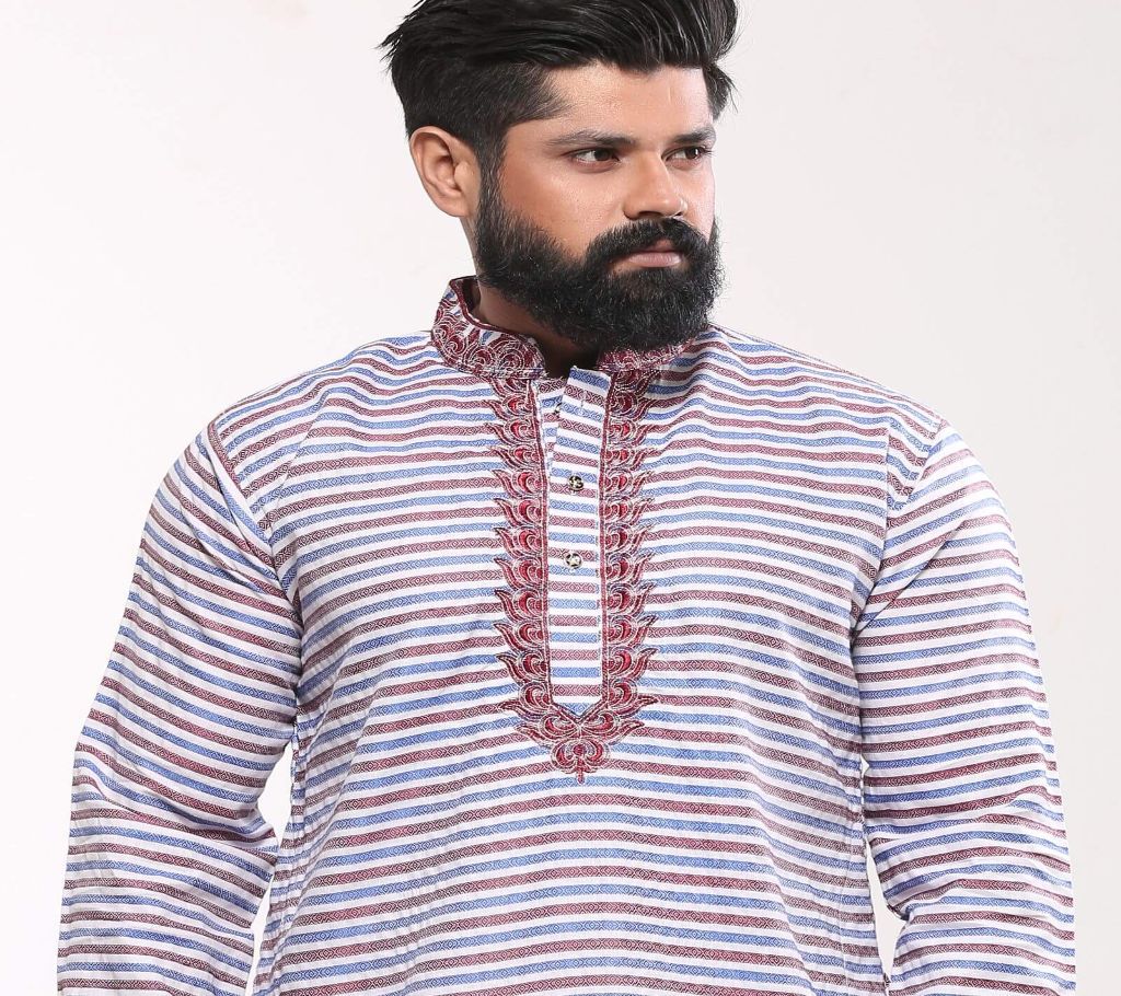 Mens Cotton Punjabi- Blue Maroon Stripe