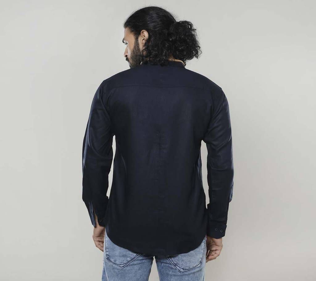 Deep Navy Blue Cotton Long Sleeve Casual Shirt For Men