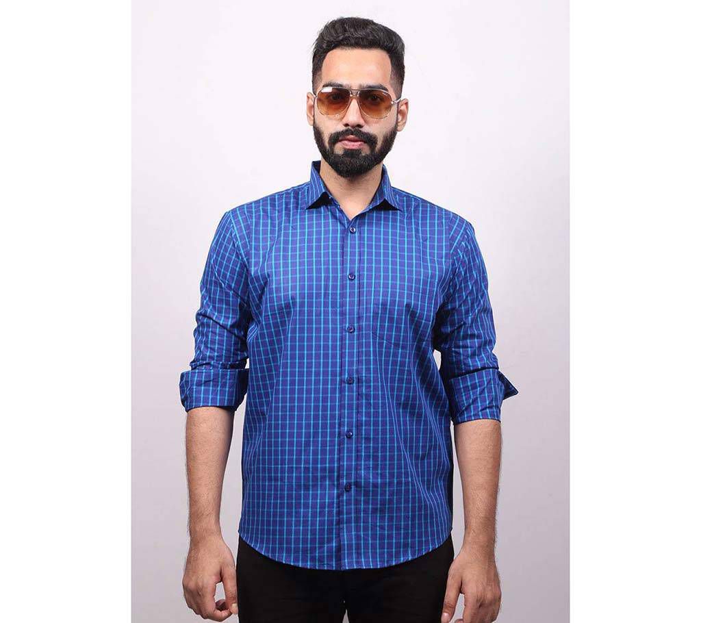Men's Blue Cotton Check Formal Shirt