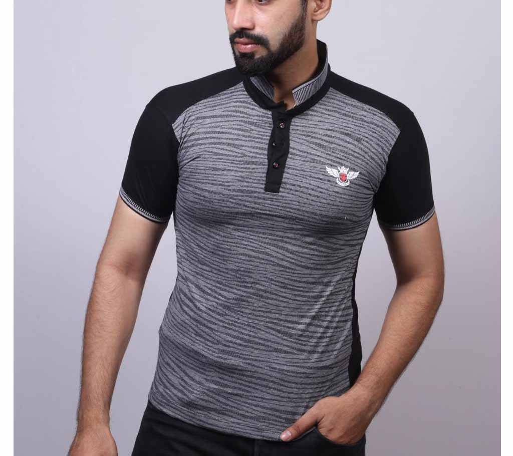 Black And Gray Cotton Polo For Men