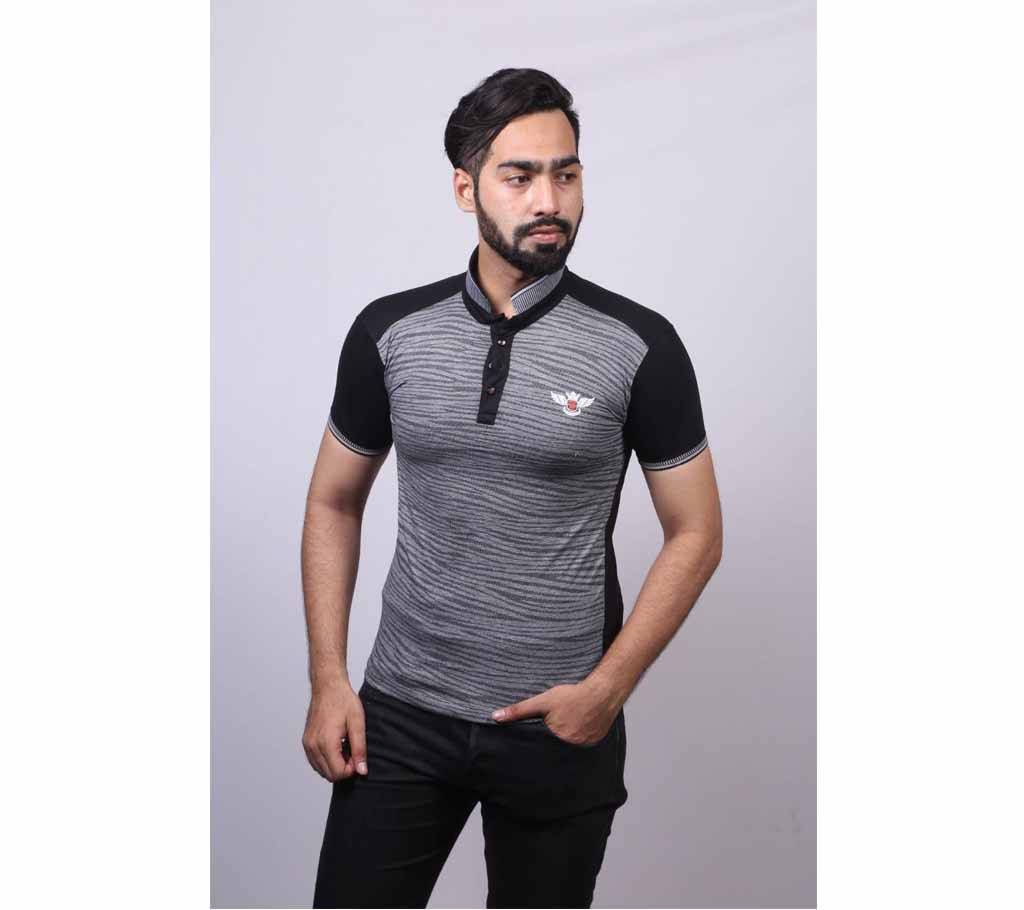Black And Gray Cotton Polo For Men
