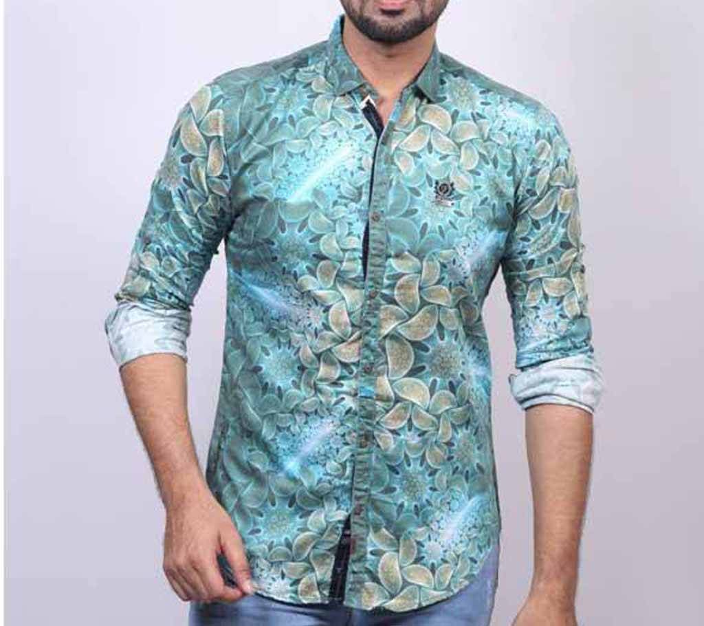 Turquoise Printed Cotton Shirt For Men