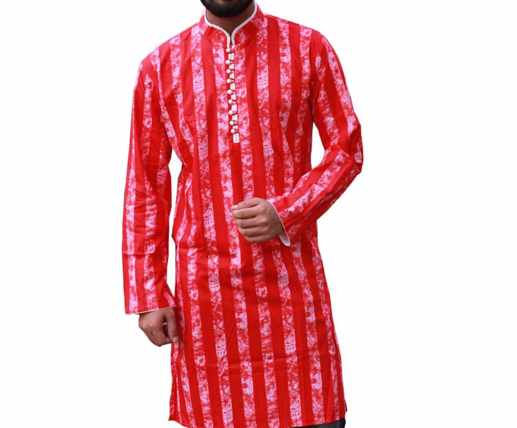 Red Printed Cotton Panjabi For Men