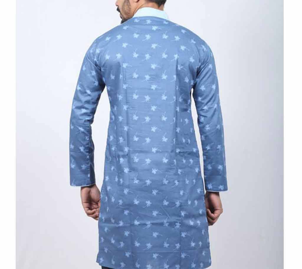 Blue printed semi long cotton punjabi for men 