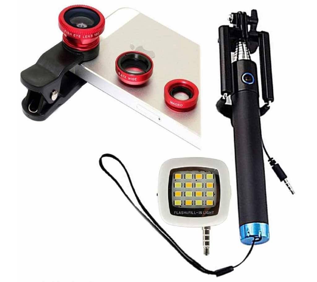 3 in 1- selfie stick+ lens and selfie light 
