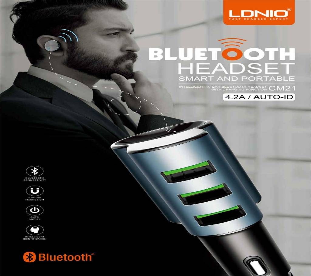 LDNIO® CM21 - Smart & Portable BLUETOOTH HEADSET With 3 Port USB Charger - 4.2Amp - AUTO-ID