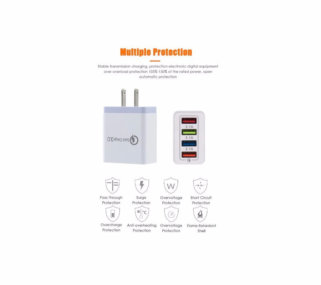 QC 3.0 USB 4 Port  Fast Quick Charge USB  Wall Charger