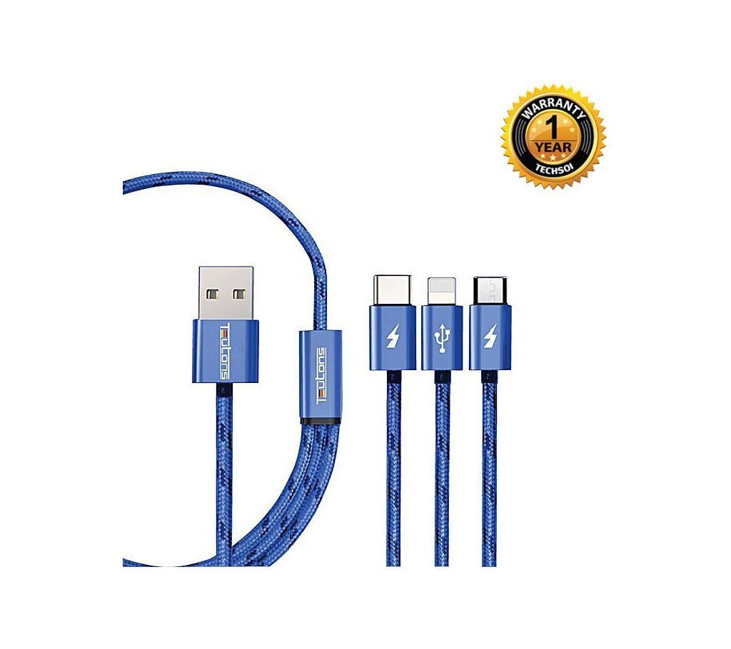 3 in 1 USB Quick Charge Cable and Data Lightning Micro Type C - Blue