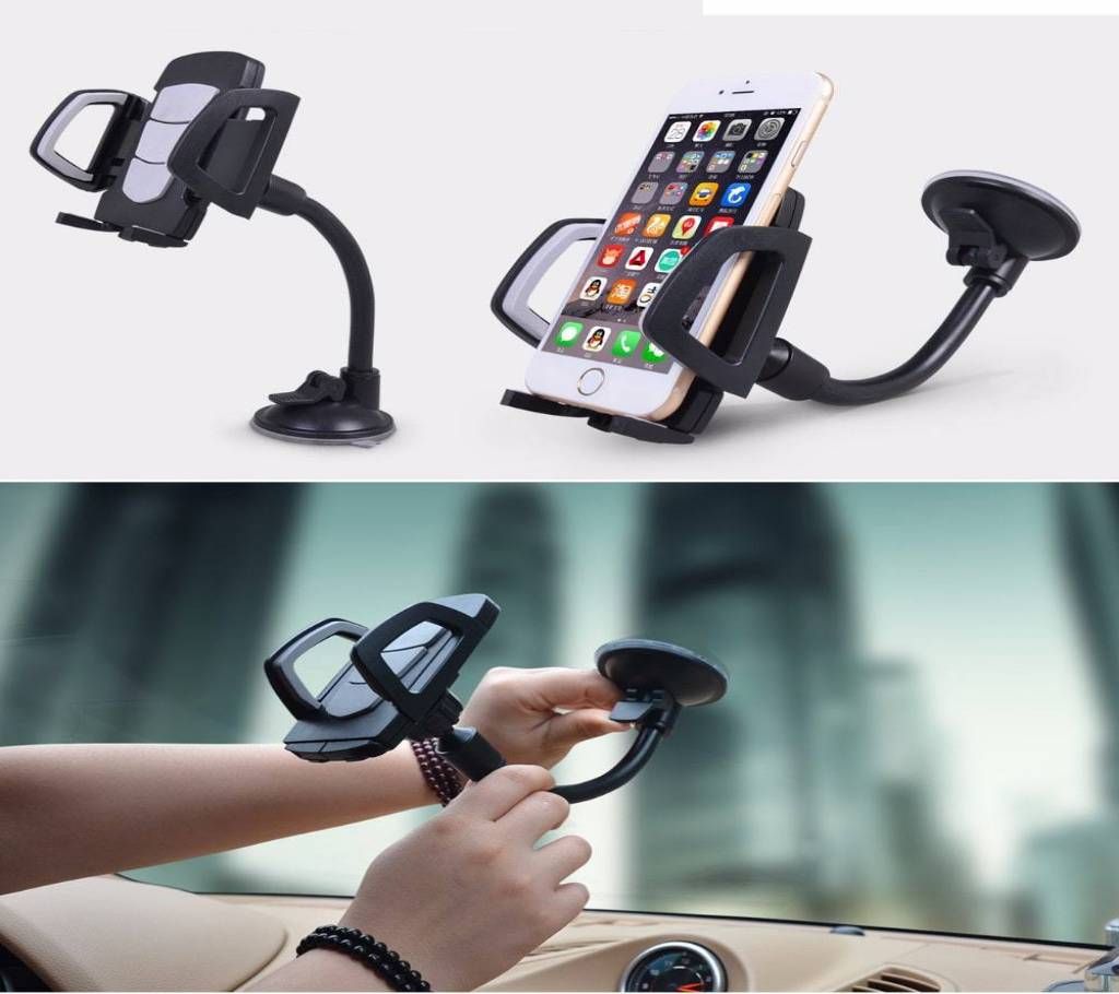 Universal Car Windshield Long Hands Mobile Phone Holder - Black
