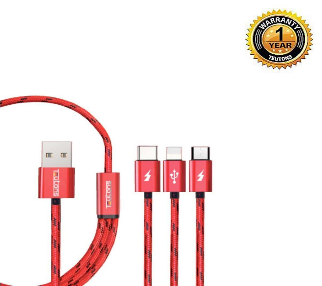 3 in 1 USB Quick Charge Cable and Data Lightning Micro Type C - Red