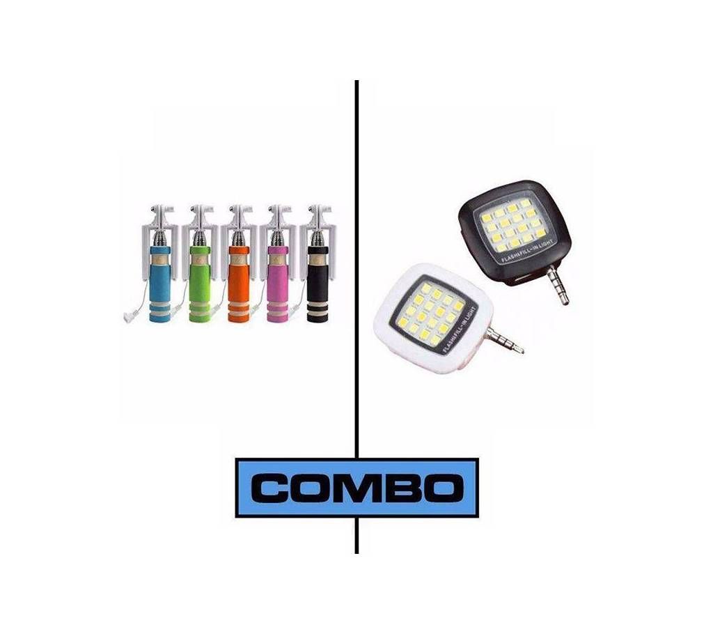 Combo Offer of Selfie Stick and Selfie Flash Light-Multicolor