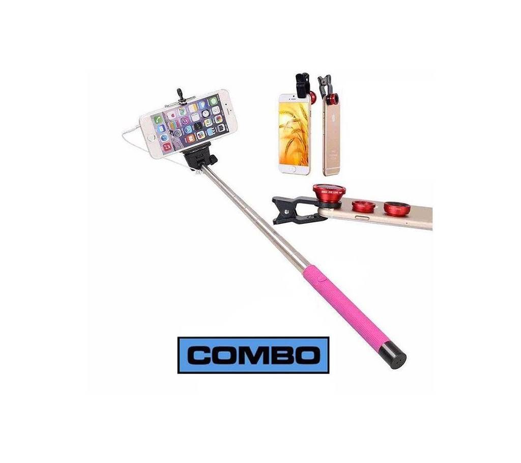 Combo Offer of Mobile Clip Lens and Selfie Stick-Multicolor