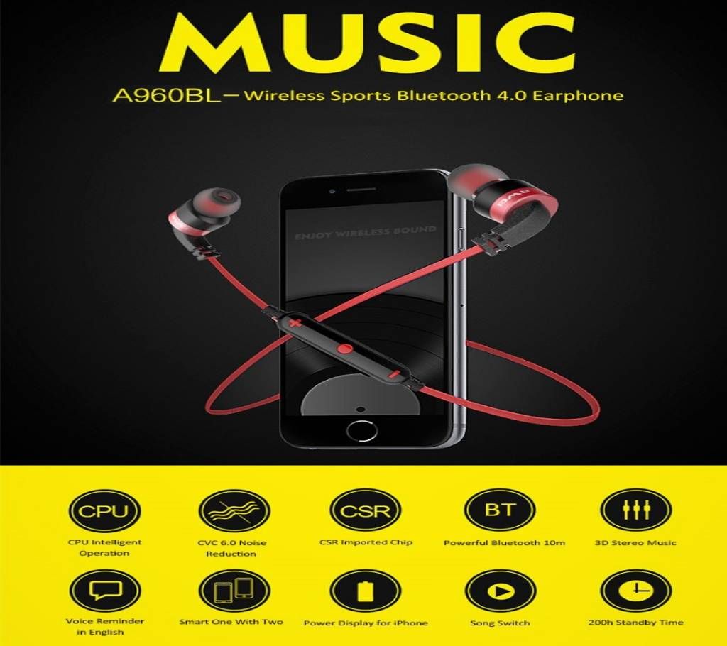 AWEI A960 BL Sweatproof  Wireless Sports Stereo Bluetooth V4.0 In-Ear Earphone - Black/ Red