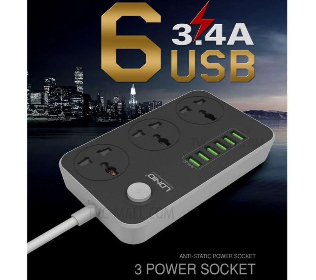 LDNIO 6 USB Charger Port and 3 Socket Travel Adapter