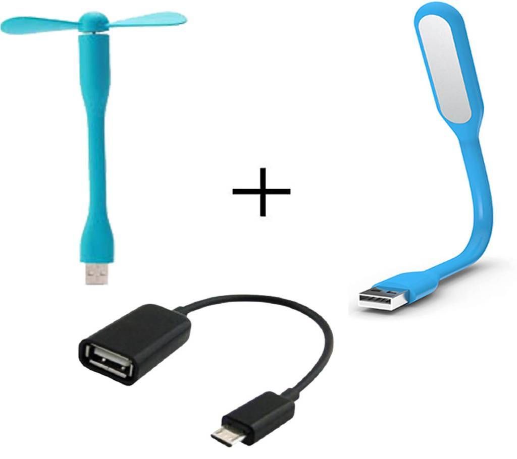 USB Fan + LED Light + OTG Adapter Combo