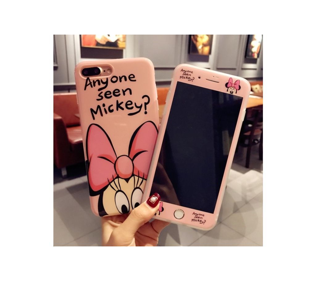 Cartoon Minnie phone Cases Cover + Tempered Glass Screen Protector For Iphone 8 Plus